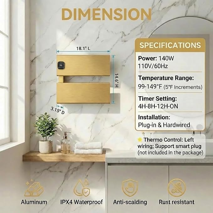 L Series Electric Towel Warmer for Bathroom, 2 Panel, Gold | Thermo Control and Timer, Fast Heat in 3 Mins, Dry Towels in 4 hrs, Memory Function, Work with Smart Plug, Left-Wiring