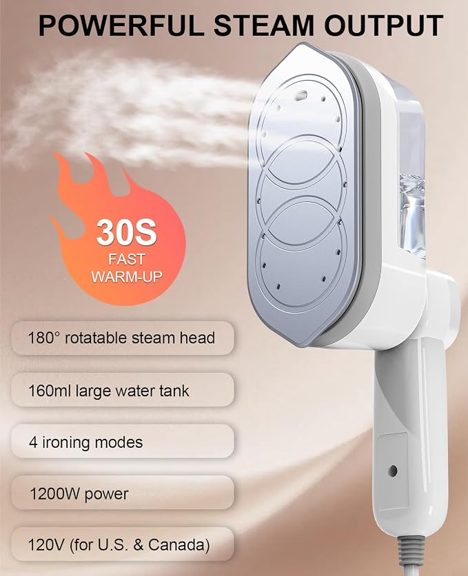 Portable Steamer for Clothes, 1200W 20s Fast Heat Travel Clothes Steamer, 2-in-1 Dry & Wet Foldable Steamer Iron with LCD Screen & 4 Steam Modes, 160ml Water Tank, 120V Wrinkle Remover
