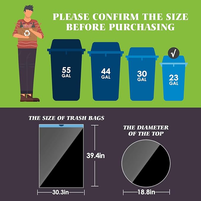 Teivio 23 Gallon Drawstring Trash Bags, 120 Counts, Fit 23 Gallon Rubbermaid Slim Jim Can & 22-25 Gal Tall Kitchen Trash Can，Large Plastic Waste Bin Liners for Home Office Daily Household Use, Black