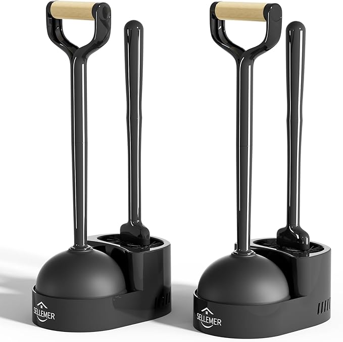 Sellemer Toilet Brush and Plunger Set, Curved Design Head for Deep Cleaning, Heavy Duty Toilet Bowl Brush and Plunger Combo with Holder for Bathroom Cleaning, Black, 2 Pack