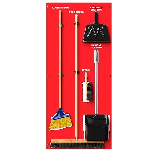Clean & Sweep 5S Shadow Board/Wall Mount Broom Holder, 68" x 30" Board, 5S Cleaning Station - with Broom and Dustpan Set Included, Made in The USA by AccuformNMC, Red/White, PSB716RDWT