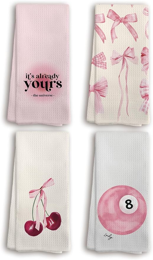 Coquette Pink Preppy Kitchen Towels Set of 4, Preppy Cherry Bathroom Decor Gifts Hand Towels, Pink Coquette Decor Drying Cloth Hand Towels for Girls Dorm Bathroom Kitchen,16 x 24 inches