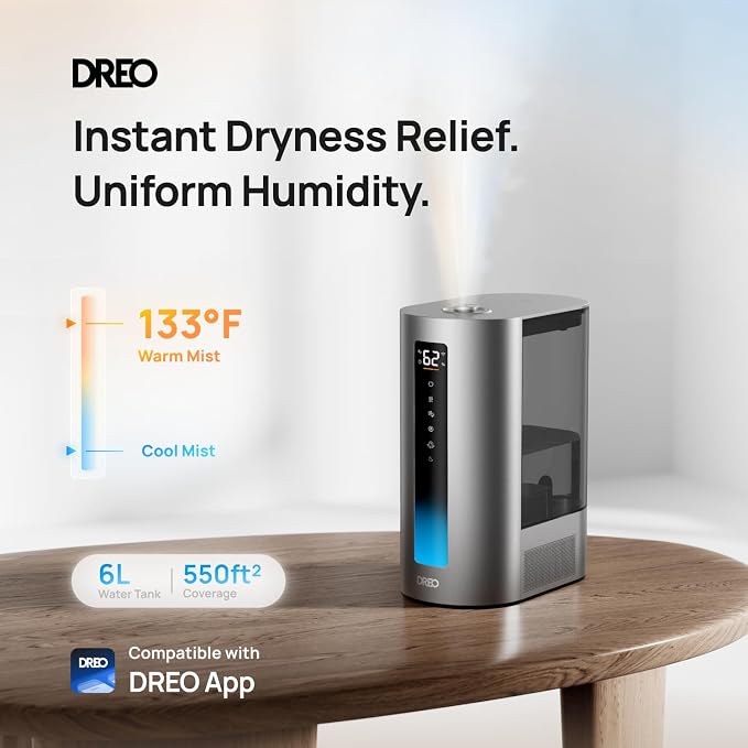 DREO 6L Smart Warm & Cool Mist Humidifiers for Bedroom HM713S | 60-Hour Quiet Runtime for Large Room, 500ML/HR Output, Smart Humidity Sensor, Indicator Light, Works with Alexa & Google
