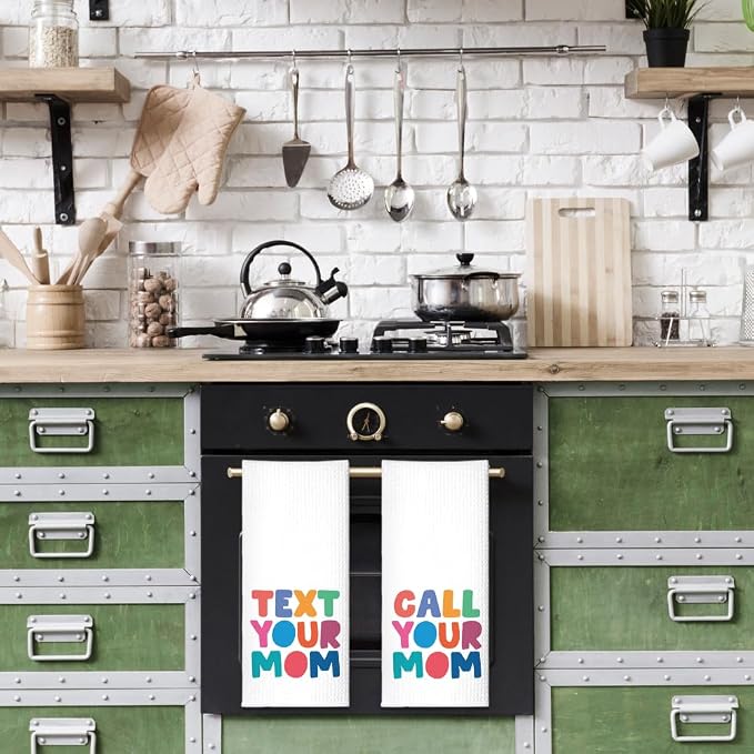 Text Your Mom Call Your Mom Funny Kitchen Towels 2 Pack, Sweet New House Gift for Hostess, Graduation Day Birthday Housewarming Gift for Son Daughter Wife Friends