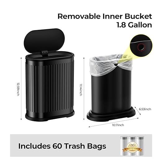 1.8 Gallon Bathroom Trash Can with Lid, Small Black Stainless Steel Press Top Garbage Can, Removable Inner Bucket, Includes 60 Trash Bags