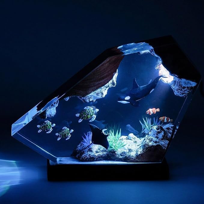 Orca Ocean Resin Lamp, Handmade Wooden Table Resin Night Light, USB Port Art Ornaments for Home Office Decor, Scuba Diver Gifts for Holiday, Unique Birthday Gifts for Mom Grandma Brother Sister