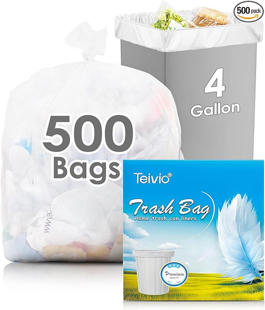 4 Gallon 500 Counts Small Trash Bags 3.8 Gallon 4 Gallon 4+ Gallon fit 15 liter Garbage Bags by Teivio, Waste Basket Bags,Bathroom Trash Can Bin Liners, Plastic Bags for home office kitchen, Clear