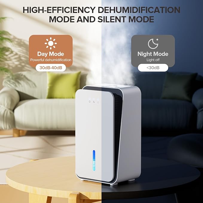 Dehumidifier for Home, Quiet Portable Dehumidifier with Auto Shut Off, 7-Color LED Light for Basement, Bedroom, Bathroom,Ivory