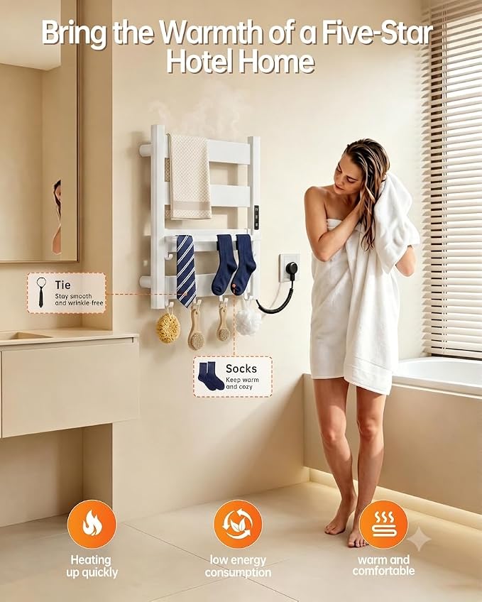 6-Bar Wall-Mounted Heated Towel Rack – Fast PTC Heating in 6 Minutes, Adjustable Temperature & Timer, Space Aluminum, Matte White, Large Capacity Blanket Warmer,Towel Warmer for Family Bathrooms