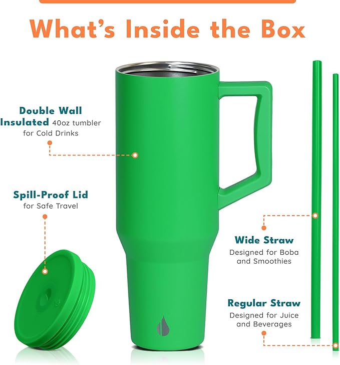 Elemental 40 oz Tumbler with Handle and Straw - Spill Proof Insulated Stainless Steel Commuter for Cold Beverages - Travel Coffee Mug with 2 Straws & Spill Proof Lid - 40oz - Green