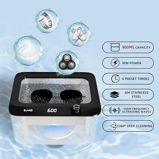 Ultrasonic Cleaner,Ultrasonic Jewelry Cleaner 45kHz Dental Retainer Cleaner for Jewelry,Rings,Eyeglasses,Watch Strap,Denture Cleaning Machine with 6 Time Modes,304 Stainless Steel,30oz