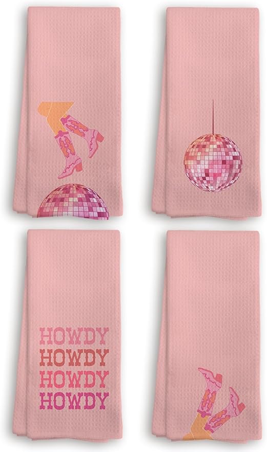Pink Preppy Kitchen Towels Dish-Cloths Set of 4, Howdy Barthroom Dorm Towels, Teen Girl Bathroom Decor, Preppy Howdy Disco Ball Hand Towels, Women Teen Girls Gifts,16 x 24 inches