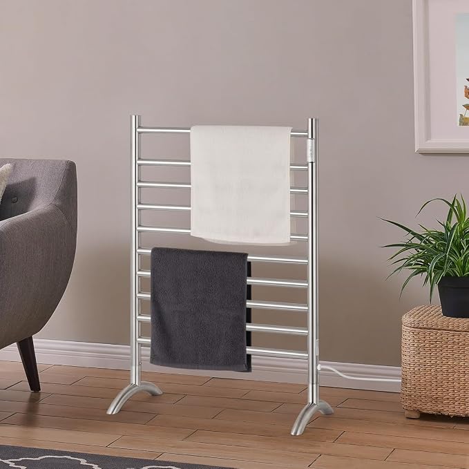 Freestanding Plug-in Towel Warmer 10-Bar Brushed Stainless Steel | Freestanding portable design for multi-scene use, ideal for bathroom, bedroom and living room.
