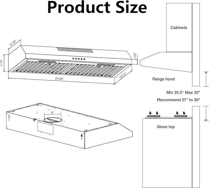 30 Inch Under Cabinet Range Hood - 600 CFM Ducted/Ductless Convertible Kitchen Vent Hood, Stainless Steel, 3 Speed with Baffle Filters & 2 LED Lights Brushed Finish, ETL Certification