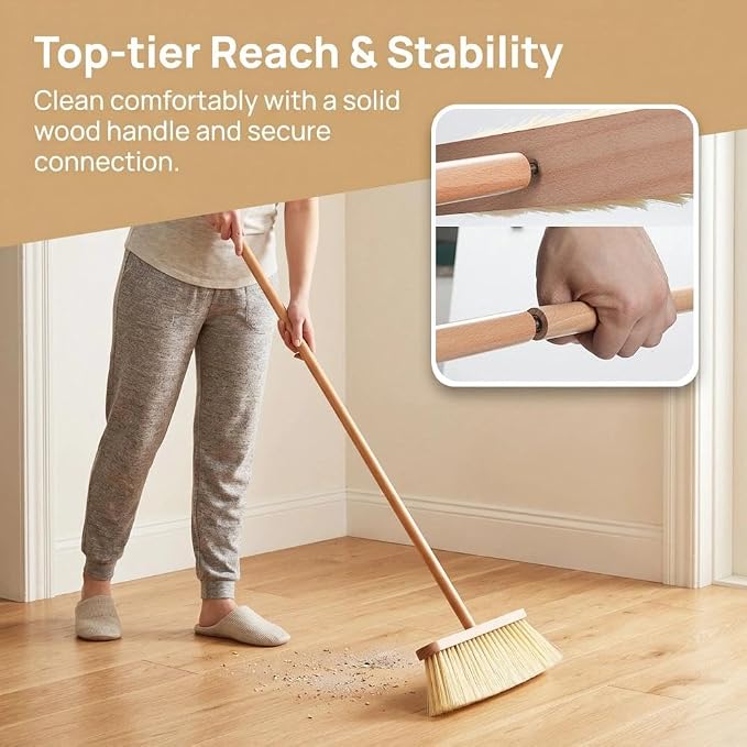 Wood Handle Household Broom - Heavy Duty PET Bristles for Pet Hair & Dust