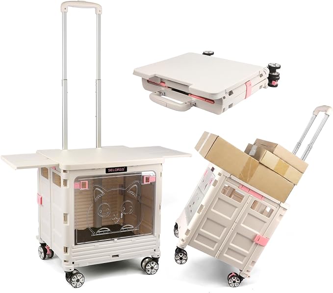 FELICON SELORSS Folding Utility Cart Portable Rolling Crate Handcart on Rotate Wheels with Magnetic Sliding Lid Telescoping Handle Lockable Transparent Front Panel for Travel Shop Office Teacher(Gray)