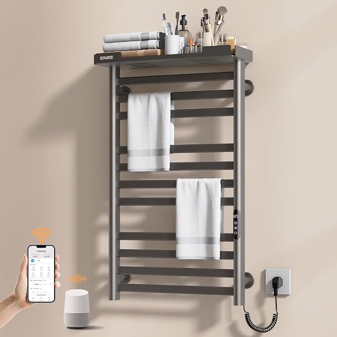 ENZE Smart Heated Towel Rack, 11-Bar Wall-Mounted Electric Towel Warmer with Shelf, Wi-Fi App Control, Adjustable Temperature & 24H Timer, Low Carbon Steel, IPX5, Plug-in/Hardwired, Gray