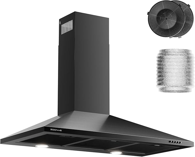 36 Inch Wall Mount Range Hood Ducted/Ductless Convertible Kitchen Exhaust Hood with 450 CFM Motor, 3 Speed Fan, LED Lighting and Dishwasher Safe Filters, Matte Black Painted Finish