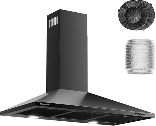 36 Inch Wall Mount Range Hood Ducted/Ductless Convertible Kitchen Exhaust Hood with 450 CFM Motor, 3 Speed Fan, LED Lighting and Dishwasher Safe Filters, Matte Black Painted Finish
