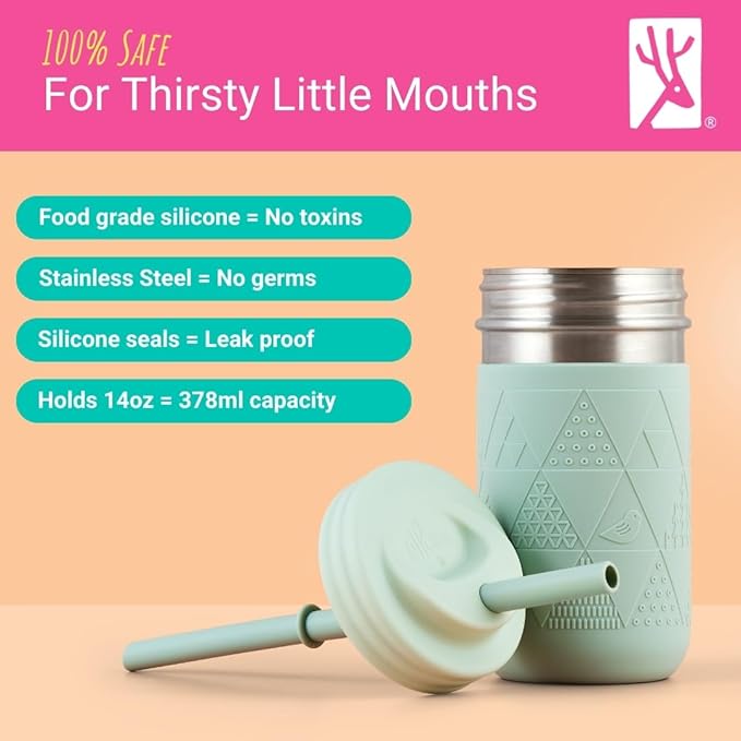 Elk and Friends 14oz Stainless Steel Kids + Toddler Drinking Cups | The Original Mason Jar with Sleeves + Lids | Silicone Straws | Smoothies | Storage Jar | Spill Resistant | Dishwasher Safe | 2 Pack
