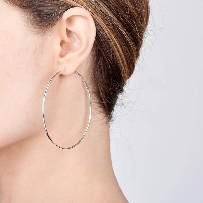 Amberta® 925 Sterling Silver Fine Circle Endless Hoops - Polished Round Sleeper Earrings Diameter Size: 20 30 40 60 75 mm