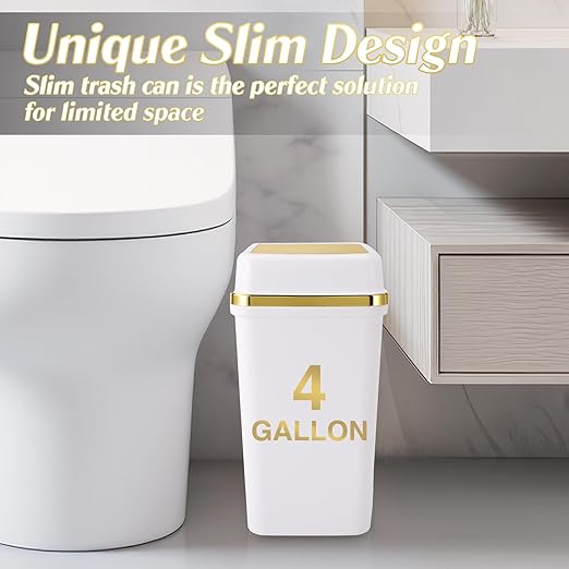 3 Pack Bathroom Trash Can with Lid 4 Gallon Small Trash Can with Swing Lid White and Gold Bathroom Garbage Can with 225 Counts Trash Bags for Kitchen Bedroom Office