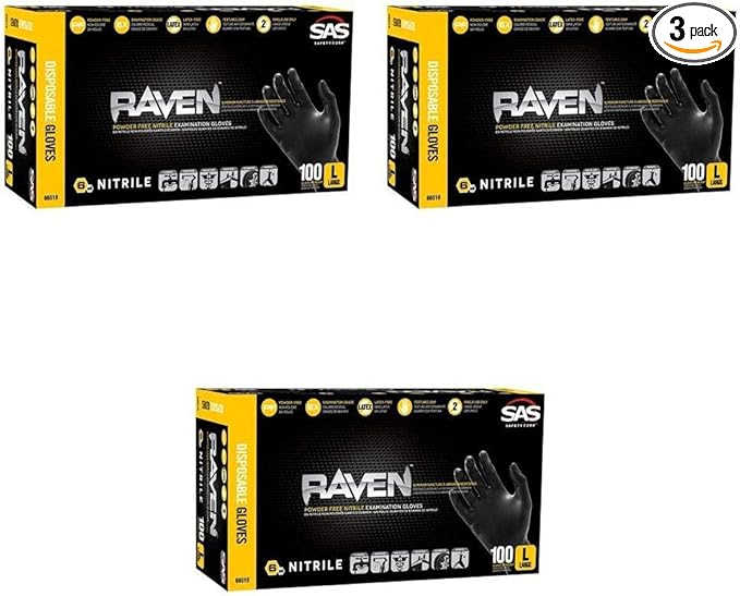 SAS Safety 66517 Raven Powder-Free Nitrile Disposable Glove, Medium, 6 mil Thick (Pack of 100) Pack of 3, Black