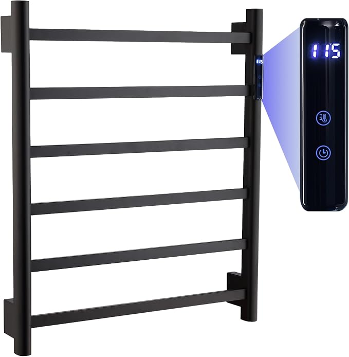 TRUSTMI Electric Towel Heated Rack, Wall Mounted 6 Bar Towel Warmer Cloth-Dryer with Built-in Timer and Temperature Indicator, 1-24 Hour, 115°F-155°F, Touch-On, Matte Black