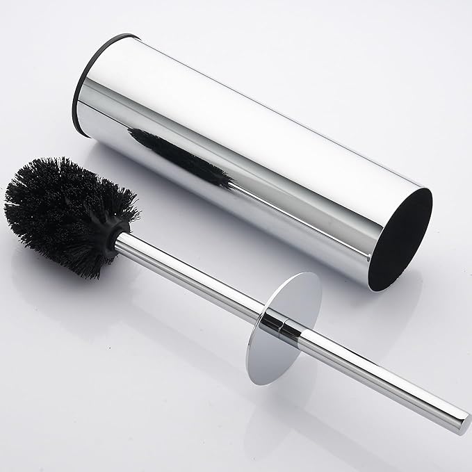 Toilet Brush and Holder Set Chrome Stainless Steel, 304 Heavy Duty Round Toilet Brush Set – Rust Resistant, Long Handle, Replacement Heads, Floor Standing Bathroom Toilet Cleaning Brush
