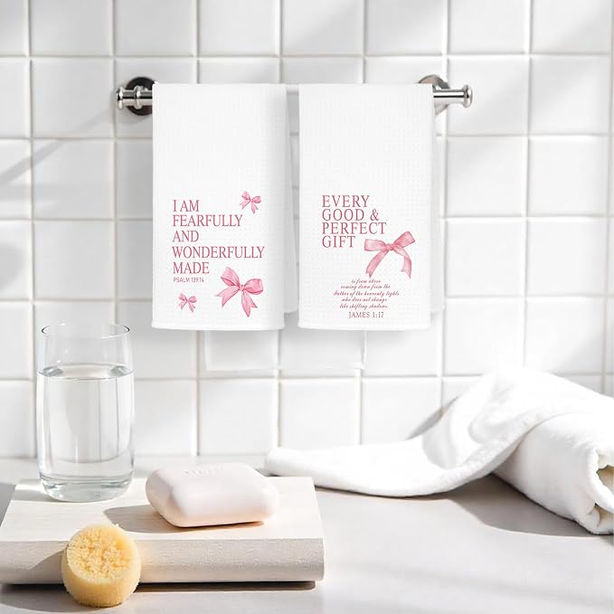 4 Pcs Coquette Pink Bow Bible Verse Hand Towels for Bathroom, Christian Gifts for Women Girls, Inspirational Bible Verse Bathroom Decor Hand Towels, Dishcloth4 Kitchen Towels, 16x24 Inch