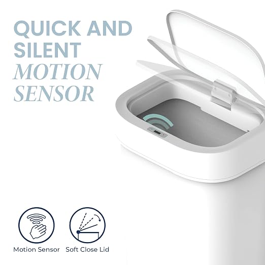 Versen 13.2 Gallons / 50 Liters Automatic Touchless Motion Sensor Rectangular Trash Can for Home and Kitchen with Slow Close Lid, White Plastic
