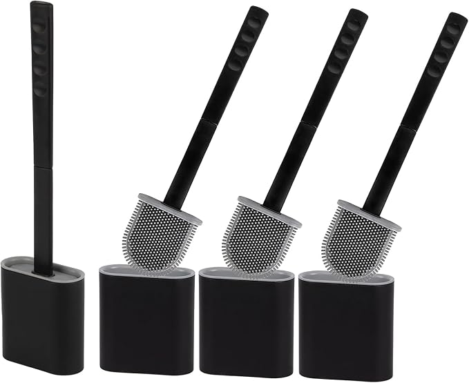 Modern Minimalist Silicone Toilet Brushes & Holders - Pack of 4 Toilet Bowl Brushes Black - Self-Cleaning & Splash-Free, Easy-Rinse Design with Wall Mounted Holder Bathroom Accessory
