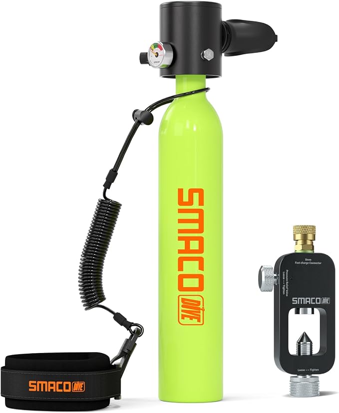 SMACO Mini Scuba Tank 0.5L Portable Reusable Diving Tank Emergency Diving Cylinder for Snorkeling, Freediving, Boat Cleaning & Air Backup Lightweight & Compact Design Pony Bottle S300