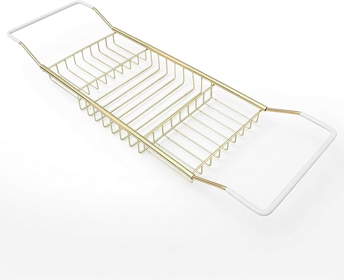 Cabilock Luxury Stainless Steel Bathtub Caddy Tray - 24.8in Expandable Modern Bath Rack for Tub with Wine Glass & Book Holder - Rustproof Shower Organizer & Tablet Stand for Home Spa, Gold