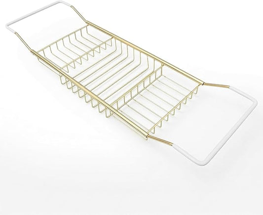 Cabilock Luxury Stainless Steel Bathtub Caddy Tray - 24.8in Expandable Modern Bath Rack for Tub with Wine Glass & Book Holder - Rustproof Shower Organizer & Tablet Stand for Home Spa, Gold