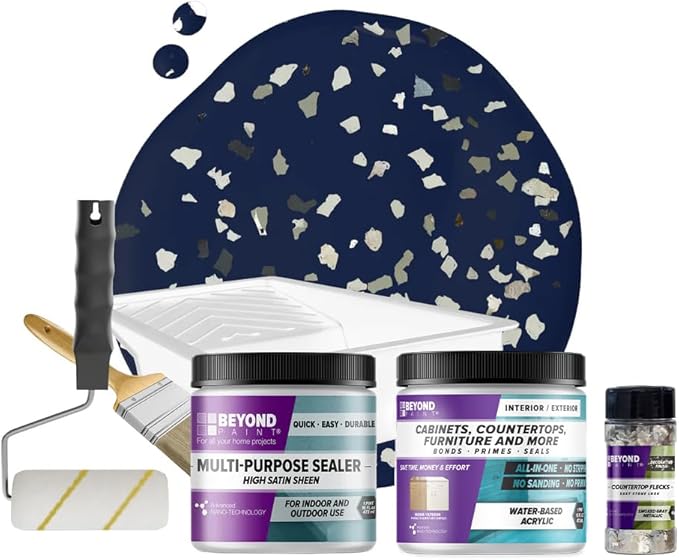 Beyond Paint Smoked Gray Flecks Countertop Makeover Kit with Paint, Sealer, Flecks, and Tools for Countertops, Navy