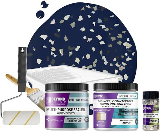 Beyond Paint Smoked Gray Flecks Countertop Makeover Kit with Paint, Sealer, Flecks, and Tools for Countertops, Navy