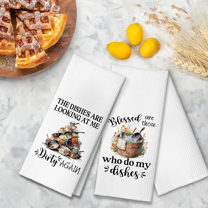 The Dishes are Looking at Me Dirty Again Kitchen Towels 2 Pack, Kitchen Towels Set, Funny Kitchen Towels with Saying, New Home Housewarming Gifts for Wife Neighbor Friends
