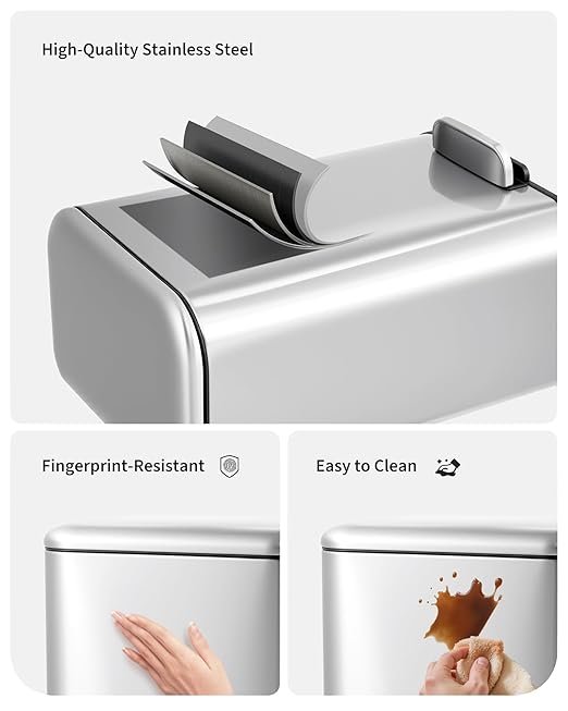3.2 gal/12L Stainless Steel Kitchen Trash Can, Step-on Recycling Bin with Soft Close Lid, Removable Inner Bucket, Rectangular Wastebasket for Office Living Room, Silver