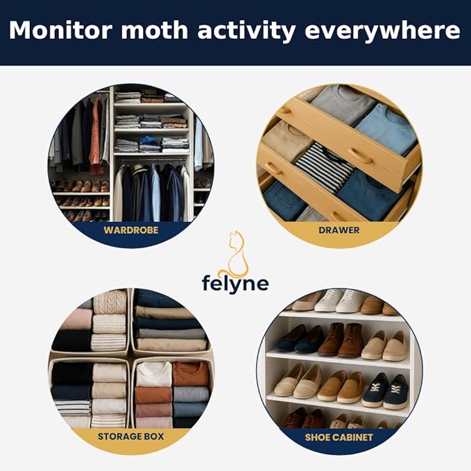 Moth Traps for Wardrobes 12 Pack, Clothes Moth Killer with Pheromone, Clothes Carpet Protection Repellent, Sticky Paper Traps for Moths Treatment by Felyne