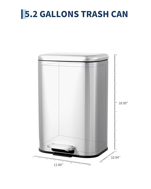 5.3 gal/20L Stainless Steel Kitchen Trash Can, Step-on Recycling Bin with Soft Close Lid, Removable Inner Bucket, Rectangular Wastebasket for Office Living Room, Silver