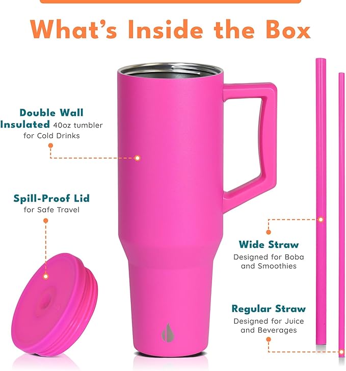 Elemental 40 oz Tumbler with Handle and Straw - Spill Proof Insulated Stainless Steel Commuter for Cold Beverages - Travel Coffee Mug with 2 Straws & Spill Proof Lid - 40oz - Hot Pink