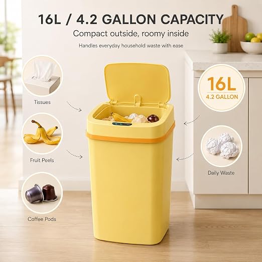 15L Smart Diaper Pail with Motion Sensor Lid | Touchless Hands-Free Baby Diaper Trash Can | Double Locking Seal | Slim Space-Saving Design | Quiet & Durable (Yellow)