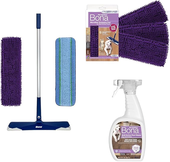 Bona Pet System Bundle for Dogs - Includes Premium Pet Microfiber Mop for Multi-Surface Floors + Bona Pet System Microfiber Sweeping Pad + Floor Cleaner, Dog Formulation 32 fl oz