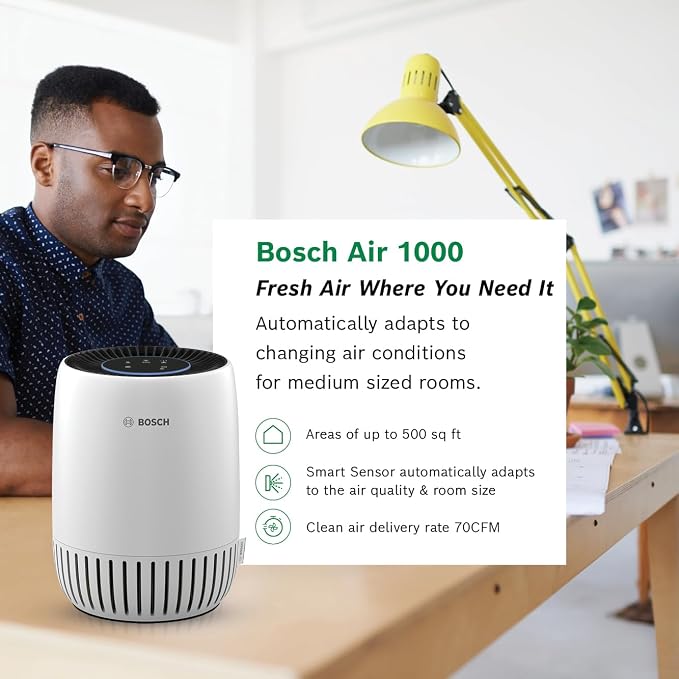 BOSCH Air Purifier for Home, Small Spaces (Covers,500-sq ft), 2-in-1 Filter for Pollen, Smoke, Dust, Dander, Outdoor Pollution, Odors, Air 1000, White