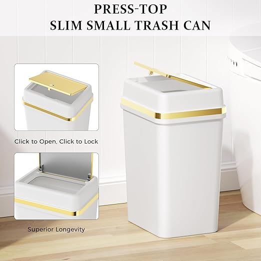 3 Pack Bathroom Trash Can with Lid 4 Gallon Small Trash Can with Press Top Lid White and Gold Bathroom Garbage Can with 150 Counts Trash Bags for Kitchen Bedroom Office