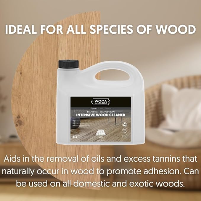 WOCA Intensive Wood Cleaner |1 L| is a concentrated formula for the preparing and treatment of raw wood to accept wood stains, soap finishes, oil finish, hardwax oil finish, UV oiled finish
