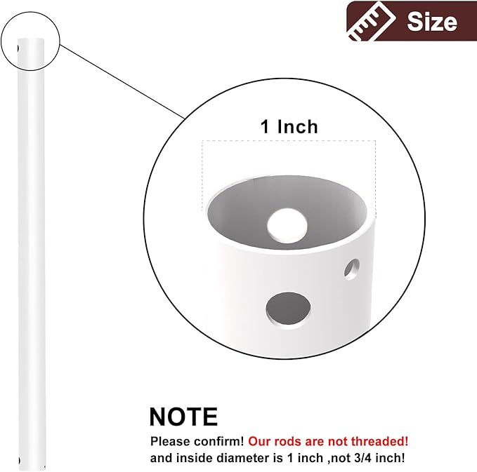 18 Inch Ceiling Fan Downrod, 1" Diameter White Ceiling Fan Extension Rod (No Threads),Universal Down Rods for Ceiling Fans,Easy Installation