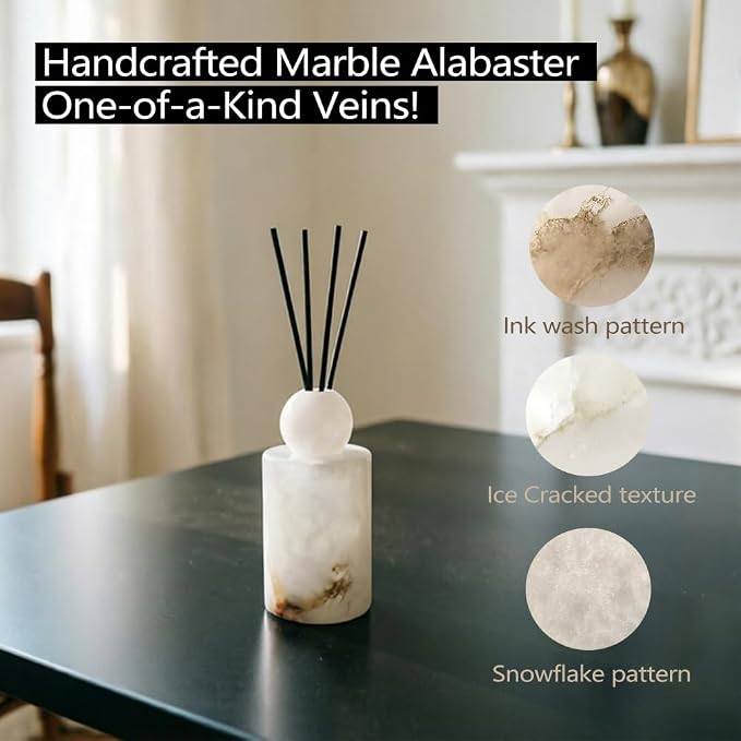 Marble Essential Oil Diffuser Bottle Empty Aromatherapy Reed Diffuser Fragrance Home Decor Bathroom Living Room Spas Gift Set Stone Roma Diffuser Jar (White, Cylindrical, 50, Milliliters)