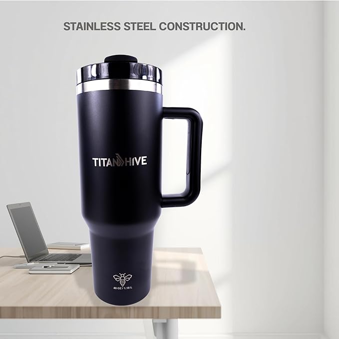 40 oz Insulated Stainless Steel Tumbler with Handle and Straw - Leak Resistant, Cup Holder Friendly Travel Mug (Matte Black)